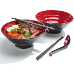 Ramen Schüssel Set, 2 Set Füllmenge 1032 ml Japanische Suppe Schüssel mit Löffel und Essstäbchen, für Pasta Udon Asiatische Nudeln, Rot Schwarz Gemischt (2)