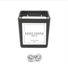 EDELSHINE Liela sojas vaska aromātiskā svece stiklā, vaniļas krāsā, ar elegantu ikdienas rotaslietu no 925 sudraba, 450 g, degšanas laiks 80 - 100 stundas, roku darbs, ražota Vācijā (Auskari)