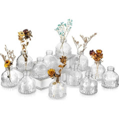 12 x Vintage Small Glass Vase Set Decoration - Hewory (9 cm) Mini Bud Decorative Bottle Table Decoration Väschen for Country House Style Wedding, Retro Flower Vase for Bathroom Reed Diffusers, Glass