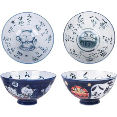 CoolChange Japāņu Daruma & Lucky Cat rīsu bļoda, ar rokām apgleznota, izgatavota no porcelāna, 2 komplekti, keramikas bļodas, Āzijas pusdienu bļodas, 12 cm, piemērota lietošanai mikroviļņu krāsnī un trauku mazgājamā mašīnā