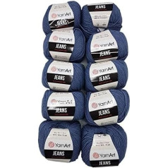 10 x 50 g YarnArt Jeans Knitting Wool Plain with 55% Cotton, 500 g Wool Plain (Blue 68)