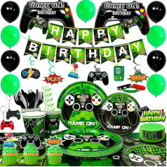 Videospiel-Partyzubehör, 194 Stück, Gaming-Party-Dekorationen für Jungen und Gamer, inklusive Gaming-Ballon-Banner, Tischabdeckung, Teller, Becher, Servietten, Kuchendekorationen usw.,