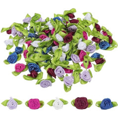 PATIKIL Mini satīna rozes 100 gabaliņi Tiny auduma ziedi ar zaļām lapām Embellishments Rozete Appliques for DIY Crafts Šūšana Kāzas Multicolor