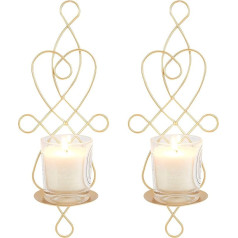 AHANDMAKER Pack of 2 Hanging Candle Holder Wall Light, Pair of Iron Mounted Pillar Decorative Hollow Candle Chandeliers for Home Wall Wedding Party Decor, Gold