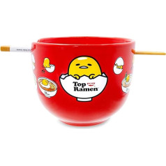 Silver Buffalo Sanrio Gudetama x Nissin Top Ramen Japāņu keramikas trauku komplekts | Ietver Ramen nūdeļu bļodu un koka nūjiņas