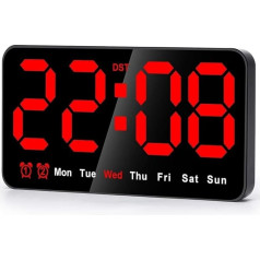 Lrtzizy Digitale Wanduhr, LED, 9 Zoll, großes Display mit 12/24 Stunden, große Zahlen, kleine Wanduhr, leise und langlebig, 21,5 x 3 x 11 cm (Rot)