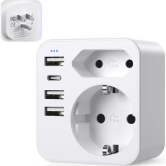 Acabuma ASV ceļojuma adapteris ar 3 USB 1 USB C (3,4 A), ar 2 ligzdām, ASV, Vācijas kontaktdakša, strāvas adapteris, ceļojuma kontaktdakša Amerikai, Kanādai, Meksikai (balta)