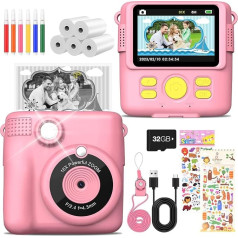 Bērnu fotoaparāts Instant Camera 1080P 2,4 collu ekrāna digitālais fotoaparāts bērniem ar 5 ruļļiem drukāšanas papīra, 32 GB karti, fotokamera ar 6 krāsainām pildspalvām, 2 uzlīmes Dāvana bērniem (rozā)