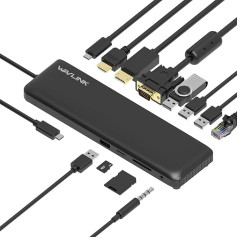 Aptarnavimo stotelė USB C su triguba jungtimi WAVLINK Avec Displayport, HDMI ir VGA, PD3.0 įkrovimas 100 W, USB prievadai, SD TF kortelė, Gigabit Ethernet, garsas Mac/Windows