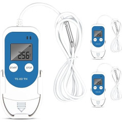 ThermElc TE-03TH Temperatūras mitruma reģistrators ar augstas precizitātes digitālo zondi, precizitāte līdz ±0,3°C, automātisks PDF CSV ziņojums, LED brīdinājuma gaisma, ideāli piemērots farmācijas produktu uzglabāšanai