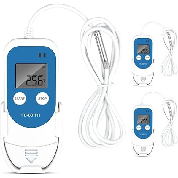 ThermElc TE-03TH Temperatūras mitruma reģistrators ar augstas precizitātes digitālo zondi, precizitāte līdz ±0,3°C, automātisks PDF CSV ziņojums, LED brīdinājuma gaisma, ideāli piemērots farmācijas produktu uzglabāšanai