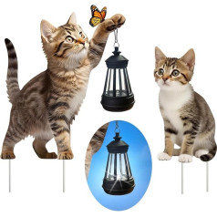 VividLadybug Metall-Katzenstecker mit solarbetriebenem Licht, Outdoor Solar Dekorative Katzenpfahl, Calico Katze Halten Solar Laterne Dekor Pfahl für Outdoor Garten Rasen Hof 2 Stück