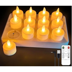 Rikiss LED Rechargeable Candles with Timer Function, Can Work for 40 Hours, Flameless Candles with Remote Control, Flickering LED Tea Lights, Yellow, Pack of 12