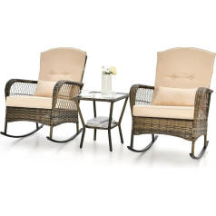 Giantex Rattan Rocking Chair Set, Balcony Furniture Set for 2 People, 3-Piece Garden Furniture Set with 1 Coffee Table and 2 Rocking Chairs, Includes Cushions, Garden Set, Rattan Seating Set, Light