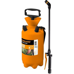 Fiskars spiediena smidzinātājs, ūdens bāzes augu apstrādei, regulējams smidzināšanas veids, drošības vārsts spiediena stabilitātei, 5 l, melns/apelsīnu, 1025934