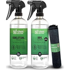 bio-chem BBQ tīrīšanas līdzekļu komplekts 3 gab: BBQ Cleaner 750 ml + Nerūsējošā tērauda kopšanas līdzeklis 750 ml + Mikrošķiedras drāniņa I Maigs tīrīšanas līdzeklis nerūsējošajam tēraudam un alumīnijam uz grila un virtuvē ar il