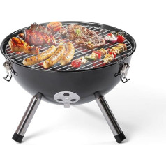 Rosmarino BBQ grils ar kokogļu tējkannu (diametrs 36 cm) - pārnēsājams tērauda grils āra lietošanai ar vāku un hromētu rāmi - melns brīvi stāvošs apaļš tējkannas grils