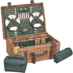 Les Jardins de la Comtesse - Picknickkorb Champs-Elysées aus Weidengeflecht und echtem Leder - Dunkelgrün - Für 6 Personen - Komplett Ausgestattet - Keramikteller und Weingläsern - 66 x 44 x 23 cm