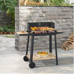 casa.pro Ari Charcoal Barbecue Grill Grill Made of Enamelled Stainless Steel Garden Grill 2 Wheels Wind Protection with Grill Grate Height Adjustment 78 x 86 x 30 cm Black/Wood