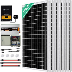 ECO-WORTHY 6,8 kW-h/dienā saules paneļu barošanas sistēma mājsaimniecībām ārpus elektrotīkla 1700 W 24 V: 10 gabali 170 W monokristāliskais saules modulis + 3000 W 24 V - 220 V sinusoidālais invertors + 60 A PWM lādēšanas kontrolieris