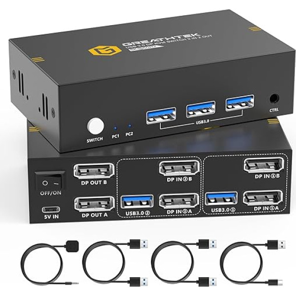 8K @ 60Hz Displayport KVM slēdzis 2 PC 2 monitoriem, USB 3.0 KVM slēdzis 2 monitoriem ar 3 USB 3.0 pieslēgvietām, DP1.4 KVM slēdzis ar darbvirsmas kontrolieri, augsta savietojamība, koplieto vairākas USB ierīces