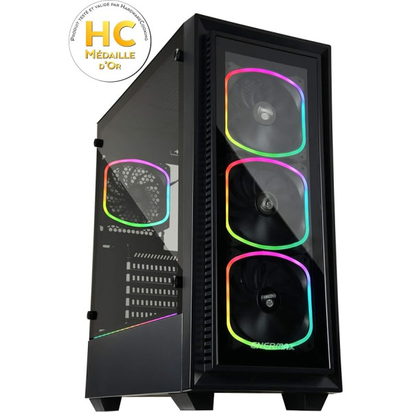 Enermax PC spēļu ATX korpuss ar rūdīta stikla sānu paneli un ARGB priekšējo apgaismojumu, ieskaitot 12 cm RGB aizmugurējo ventilāciju