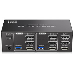 TJCXELE 8K60Hz HDMI+2Displayport KVM slēdzis 2 PC 3 monitoriem USB 3.0 KVM slēdzis 2 PC vairāku monitoru un 4 USB ierīču koplietošanai Atbalsta paplašināto režīmu un kopēšanas režīmu ar 12 V adapteri