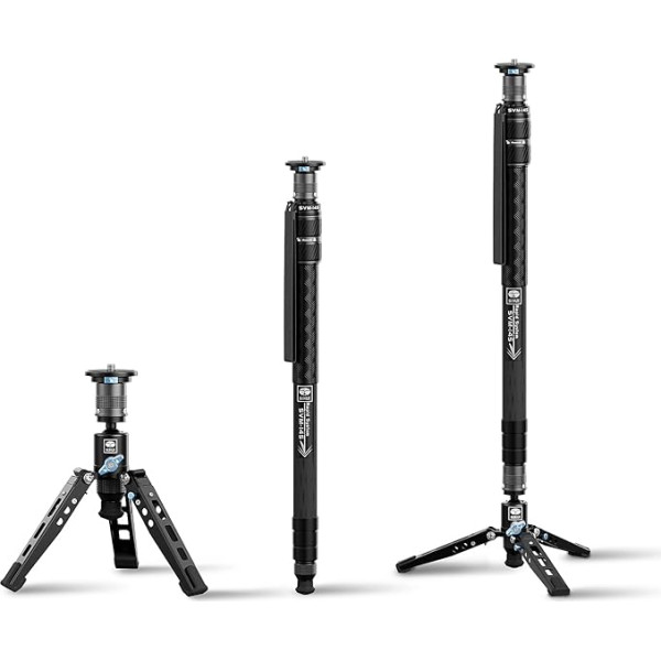 SIRUI SVM-145 monopods no oglekļa šķiedras kamerai, 145 cm oglekļa monopods Rapid sistēma, viena līmeņa augstuma regulēšana, modulāra konstrukcija 3 in 1, kravnesība līdz 10 kg