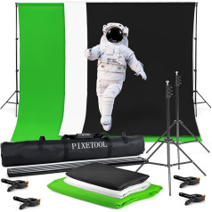 PIXETOOL Green Screen (3 m x 3 m) with Stand (2.6 m x 3 m) - Photo Background - Photo Studio Set - Green Screen - Background - 3 x Background Fabrics - Tripod - 4 Clips - Gaming Streaming Photography