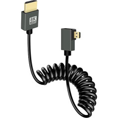 GELRHONR 8k Micro HDMI uz HDMI spirālveida kabelis, īss Micro HDMI kabelis, atsperu elastīgs, plāns, 48 Gbps ātrgaitas kabelis, atbalsta 3D 8K @ 60Hz, paredzēts kameras video uztveršanas kartei, televizoram (labajā leņķī)