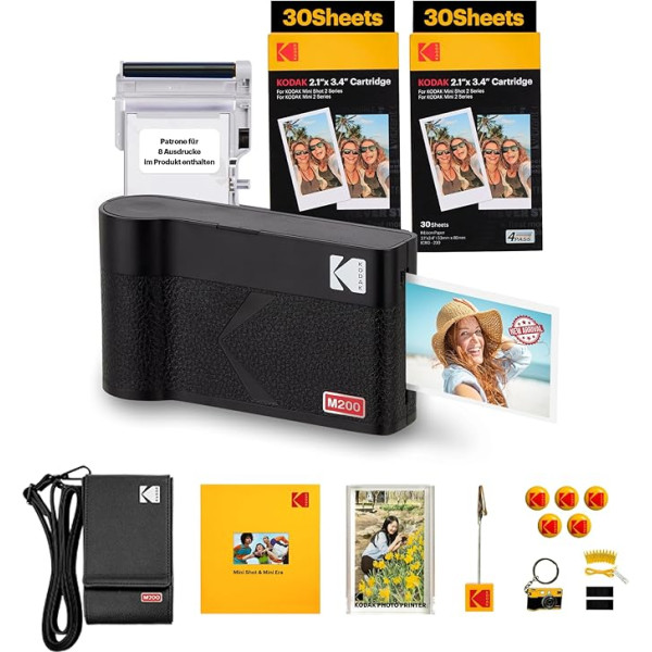 KODAK Mini 2 ERA 4PASS mobilais fotoprinteris (5,3 x 8,6 cm), dāvanu komplekts + 8 lapas komplektā + 60 lapu kasetne, melns