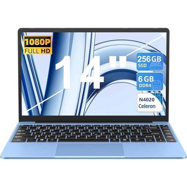 AOCWEI klēpjdators 14 collu Celeron N4020 līdz 2,8 GHz, portatīvie datori Win 11 Con 5G WiFi 6+256GB SSD paplašināšana 1TB, BT 4.2 1920 x 1080 FHD Mini multivides pieslēgums, piezīmjdators ar vācu klaviatūras plēvi zils