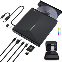 ORIGBELIE Ārējais CD disks ar 4 USB pieslēgvietām un 2 TF/SD karšu slotiem Portatīvais USB 3.0 ārējais DVD disks portatīvajam datoram MacBook Desktop PC Windows 11/10/8/7 Linux Mac OS ar pārnēsājamo somu