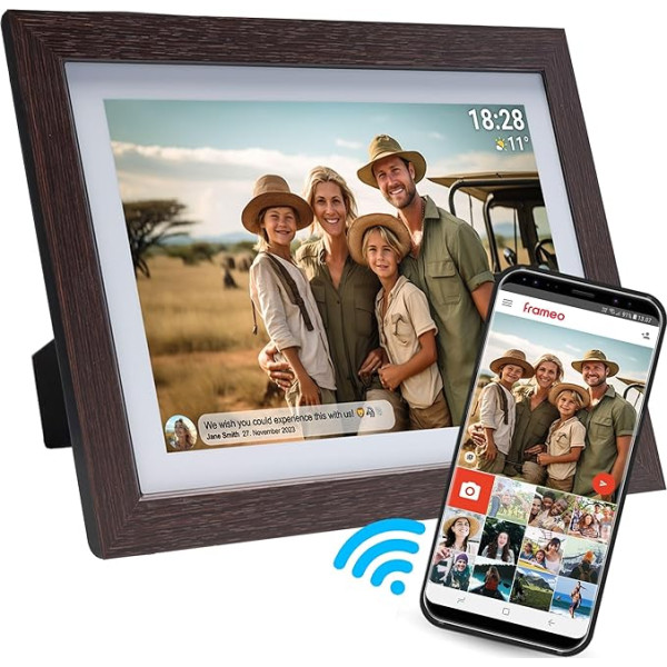 Denver PFF-1042DW digitālais Wi-Fi foto rāmis - 10,1 collu IPS HD skārienjūtīgais ekrāns, FRAMEO programmatūra, bezvadu koplietošana, taimera funkcija, tumša ozola koka rāmis