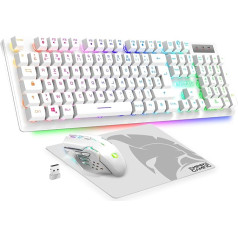 Empire Gaming - Armor RF800 Pack Clavier Souris Gaming sans Fil AZERTY (French Layout) RGB Avec Tapis de Souris Clavier 2.4G -Souris 4800 DPI -PC PS4 PS5 Xbox One/Series Mac - White