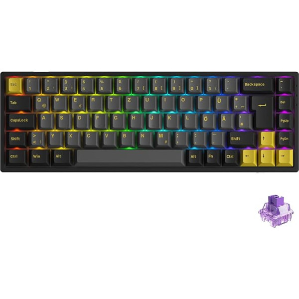 Akko Black Gold 3068B Plus RGB mehāniskā spēļu tastatūra, vācu izkārtojums, 3 režīmi, pārnēsājama bezvadu tastatūra ar taktiliem slēdžiem, 5 kontaktu karstā nomaiņa, Cherry PBT taustiņu vāciņš, 100% pretdēstuves aizsardzība