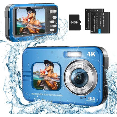 Videokamera, HICSHON 4K wasserdichte Digitalkamera 48MP Autofocus Kompaktkamera mit 64G Speicherkarte Selfie Dual Bildschirme mit 16X Digitalzoom, Videokamera bērniem un jauniešiem（blau）