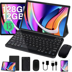 JUSYEA Planšetdators 10 collu Android 13 planšetdators 12GB RAM + 128GB ROM (1TB TF) Kodi 2.0Ghz, WLAN 5G, Bluetooth 5.0, FaceID, Cast, GMS, 8000mAh akumulators, 8MP + 5MP, ar korpusu, tastatūru un peli, pelēks