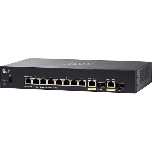 Cisco SG250-10P viedslēdzis ar 10 gigabitu Ethernet pieslēgvietām (GbE), 2 gigabitu Ethernet Combo SFP, 62 W PoE, ierobežota mūža aizsardzība (SG250-10P-K9-EU)