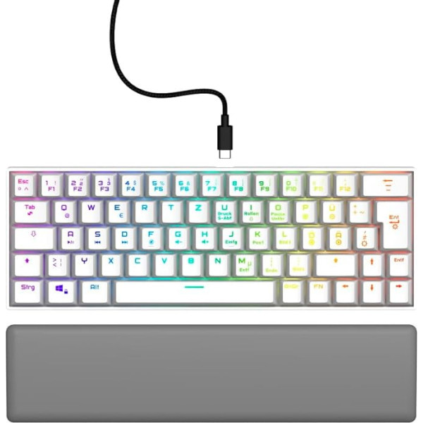 uRage Exodus 760 mehāniskā mini spēļu tastatūra ar noņemamu plaukstas locītavas balstu, pilns RGB apgaismojums, spēļu programmatūra, kompakts formāts, Outemu sarkanie slēdži, QWERTZ izkārtojums, balta krāsa