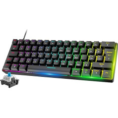 Mini 60% RGB spēļu tastatūra, mehāniskā zilā slēdzene ar kompaktiem 62 taustiņiem, 18 RGB LED hroma apgaismojums, noņemams USB C tipa kabelis, UK izkārtojums, ergonomiska PC, Mac, klēpjdatoram, melna