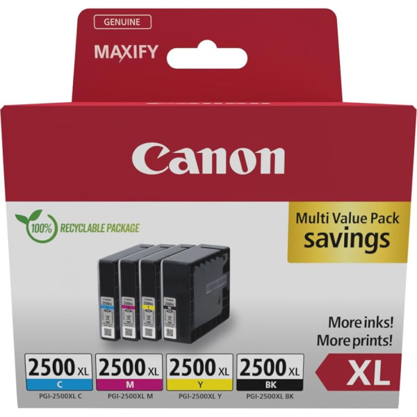 Canon PGI-2500 XL C M Y BK Vorteilspack 4 Tintenpatronen größere Reichweite XL (Schwarz XL, Cyan XL, Magenta XL, Gelb XL) Original [Umweltfreundliche Recycle-Kartonverpackung 2024]