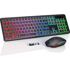 Tastatūras peles komplekts, bezvadu apgaismota, uzlādējama un automātiski miega režīmā, regulējams augstums, 2,4 GHz LED klusa USB-A un USB-C bezvadu tastatūra ar peli, Mac OS/Windows/PC/Laptop, melna, QWERTZ