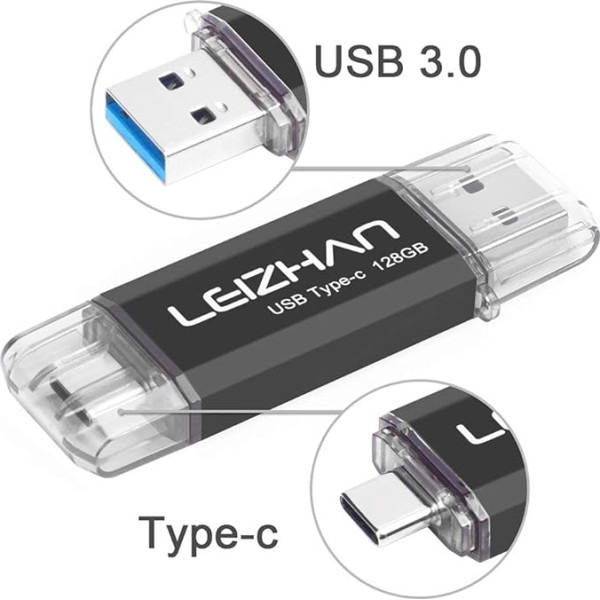 leizhan USB zibatmiņas karte 128GB C tipa atmiņas karte OTG Memory Stick 2-in-1 USB 3.0 zibatmiņas diskdziņš datoram/laptuāram/piezīmjdatoram un citiem USB-C (128 GB, melna)