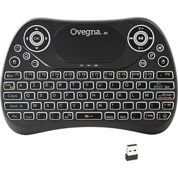 Ovegna A5 bezvadu mini tastatūra AZERTY 2,4GHz skārienpaliktnis ar uzlādējamu akumulatoru, ar 7 krāsām, paredzēta viedajam televizoram, datoram, mini datoram, Mac, Raspberry Pi 2/3/4, klēpjdatoram un Android Box