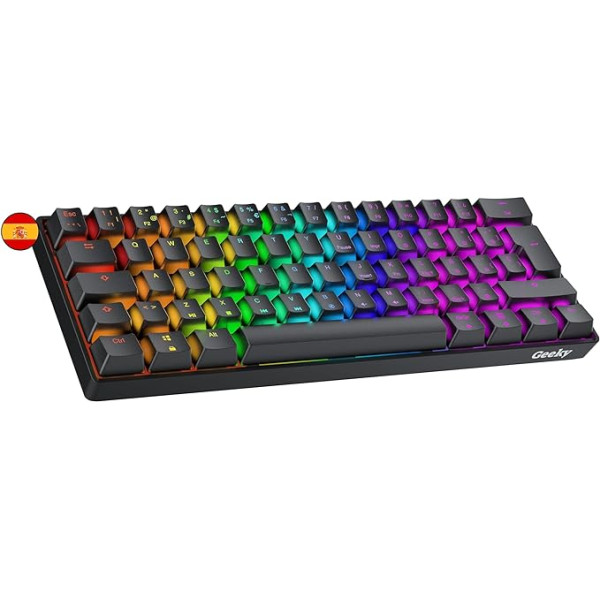 Geeky GK61 60% | Mehāniskā spēļu tastatūra | 62 taustiņi ar daudzkrāsainu RGB LED apgaismojumu PC/Mac spēlētājiem | ISO ES spāņu izkārtojums (melns, mehāniskais, zils)