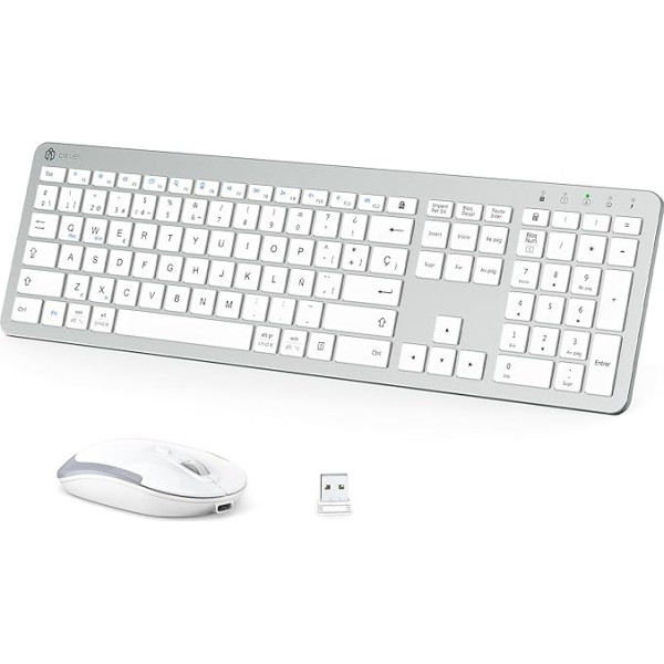 iClever GK08 Teclado y Ratón Inalámbricos - Tipo-C Teclado Recargable Ergonómico Silencioso de Tamaño Completo, 2.4G Conexión Estable Teclado y Ratón Mac Delgado para Ordenador Windows Mac OS, Blanco