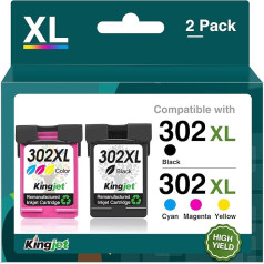 Kingjet 302XL atjaunotas printeru kasetnes, kas paredzētas HP 302 XL printeriem, kas saderīgas ar HP Deskjet 3630 3636 2130 1110 HP Envy 4525 4520 4524 4527 Officejet 4650 4658 3833 HP Officejet 3831 (1 melna, 1 krāsaina)