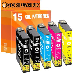 Gorilla-Ink 15 kasetnes XXL saderīgas ar Epson 502 XL 502XL | Piemērots Epson Expression Home XP-5100 XP-5105 XP-5115 Epson Workforce WF-2860 DWF WF-2865 DWF