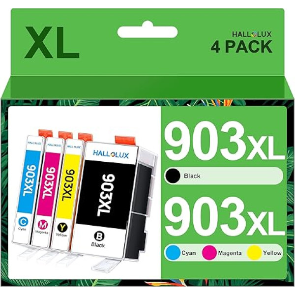 HALLOLUX 903 XL daudzpakas daudzpakas printeru kasetnes saderīgas ar HP 903XL 903 XL daudzpakas tintes kasetnēm OfficeJet 6950 6951 OfficeJet Pro 6960 6960 6970 6974 (iepakojumā 4 gabali, melna, ciāna, dzeltena, purpura, dzeltena)